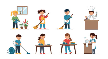 Fototapeta premium Children engaged in various household chores including watering plants, sweeping, cooking, vacuuming, ironing, and washing dishes.