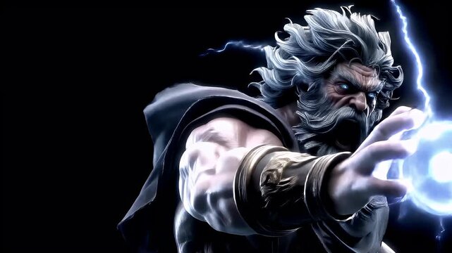 Greek mythology god Zeus. Fantasy. A detailed digital artwork depicts a mystical figure with a long, wavy white beard and piercing blue eyes. The figure is in a dynamic pose.