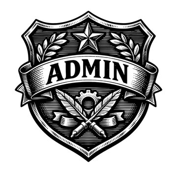 Black and white vintage admin badge with star, leaves, and tools