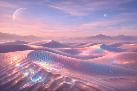 Ethereal iridescent sand dunes under a dual moon alien sky