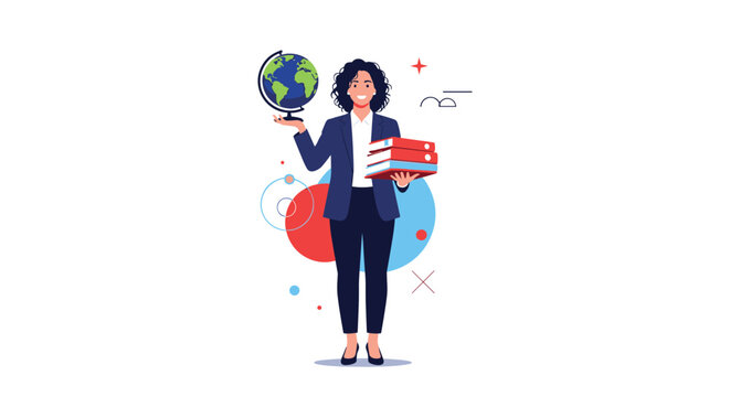 Professional woman in a business suit holding a globe and a stack of colorful binders with abstract shapes in the background.