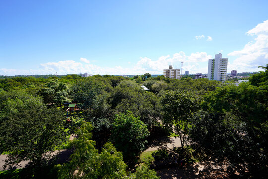 Aerial view of Mae Bonifacia State Park and city skyline, Cuiaba, Mato Grosso, Brazil