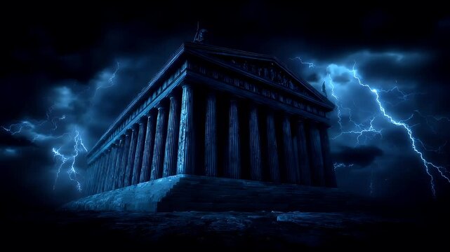 Fantasy wallpaper. A dramatic digital artwork depicts a grand, neoclassical temple, set against a backdrop of dark, stormy skies. The temple is depicted in a deep blue hue.
