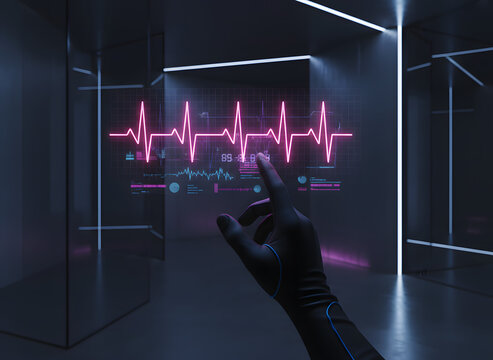 A hand wearing a futuristic compression glove interacts with a glowing neon pink heart rate EKG hologram display inside a dark minimalist laboratory with vertical light strips.