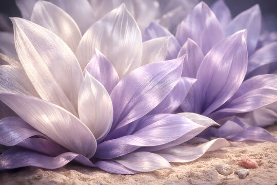 Pearlescent purple and white lotus flowers on a sandy beach