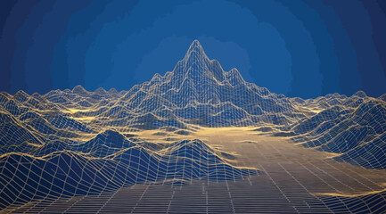 Digital landscape wireframe mountain range, abstract blue and gold geometric terrain © Saharia