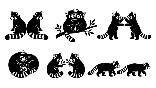 Red Panda Vector Silhouette Set, Cute Wild Animal Poses Isolated on White Background. Creative Illustration Collection Featuring Playing, Sitting, Sleeping, and Walking Ailurus Fulgens for Graphic Des