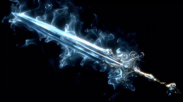 Fantasy wallpaper. A vivid digital artwork depicts a long, slender sword engulfed in swirling blue smoke. The swords blade is illuminated by a bright blue light.