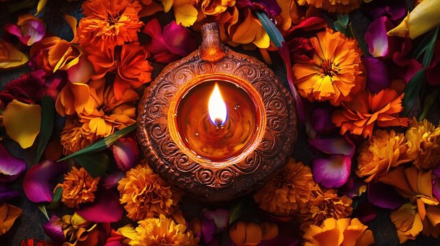 lit, intricately designed clay diya lamp surrounded by vibrant marigold and rose petals, creating a warm, festive, and spiritual ambiance ideal for cultural or religious celebrations.