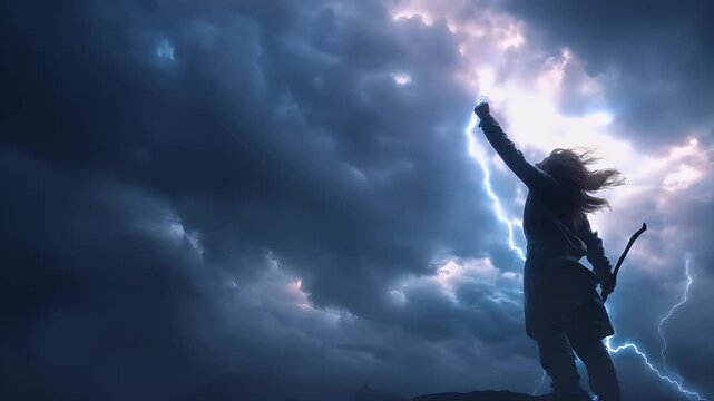 Fantasy wallpaper. A dramatic portrayal of a person standing on a rocky outcrop, arms raised in triumph. The sky is filled with swirling clouds and a bright flash of lightning strikes.