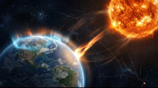 Sun's intense solar flare unleashes a stream of energetic plasma, impacting Earth's magnetic field, causing a vibrant geomagnetic storm and stunning aurora display.