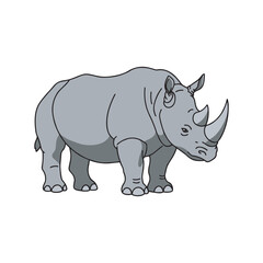Fototapeta premium Detailed rhinoceros cartoon illustration in flat vector style, isolated background, featuring a strong gray rhino with large horns
