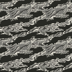 Urban Tiger Stripe Camouflage Vector, Monochromatic Jungle Seamless Pattern, Retro Grey Tactical Brushstroke Concealment, Heritage Night Military Texture © Rashid
