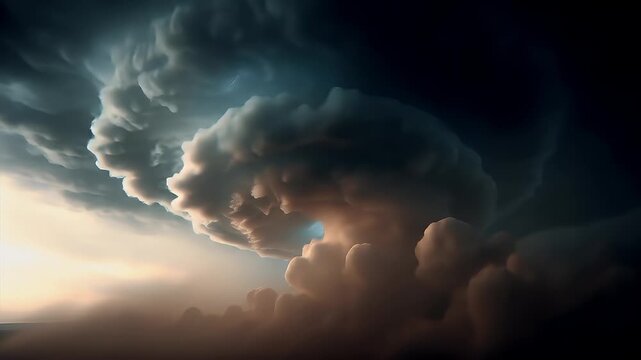 Tornado, twister, weather, natural disaster. A dramatic digital artwork depicts a large, swirling cloud formation in the sky. The cloud is predominantly dark blue and white.