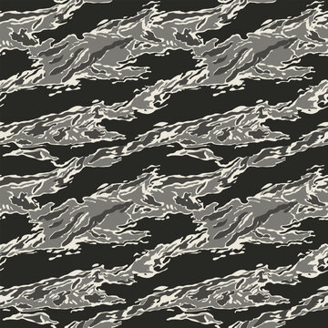 Urban Tiger Stripe Camouflage Vector, Monochromatic Jungle Seamless Pattern, Retro Grey Tactical Brushstroke Concealment, Heritage Night Military Texture