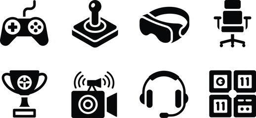 A set of black gaming icons including a controller joystick virtual reality headset chair trophy camera headset and keyboard symbols. © Sumaiya