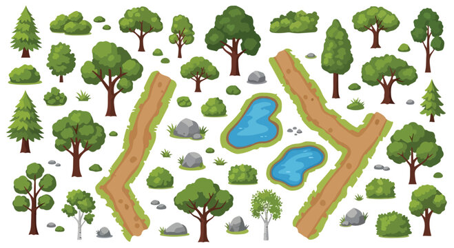 Cartoon nature landscape elements set, green forest trees and bushes vector collection, park map constructor with paths and ponds, outdoor environment icons