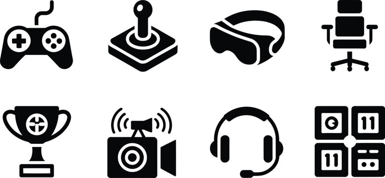 A set of black gaming icons including a controller joystick virtual reality headset chair trophy camera headset and keyboard symbols.