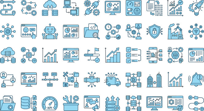 Blue business analytics icon set featuring data dashboard growth charts AI automation and modern flat vector symbols collection