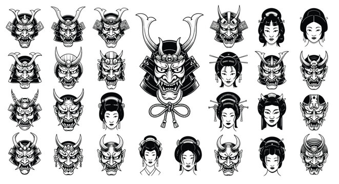 Collection of traditional japanese samurai masks and geisha faces presented in a detailed black and white illustration style.