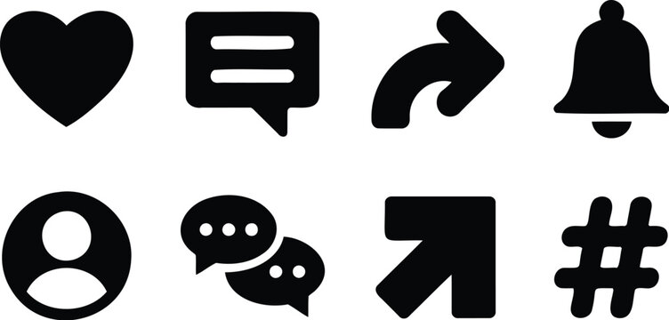 A set of black social media icons including heart comment share notification bell profile chat bubbles arrow and hashtag symbol icons.
