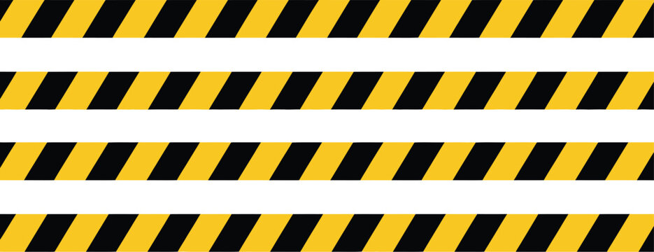 A set of black and yellow hazard warning stripes industrial caution tape lines with diagonal patterns isolated on white background.