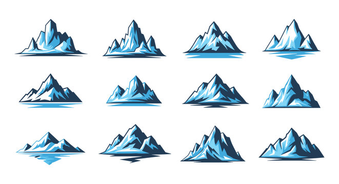 Collection of stylized blue icebergs floating in water presented in various shapes and sizes under a bright white sky.