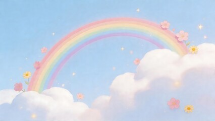 Naklejka premium Rainbow with flowers and clouds