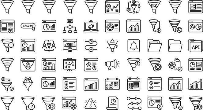 Marketing funnel icon set featuring conversion tracking sales pipeline analytics lead generation and modern outline vector business symbols collection