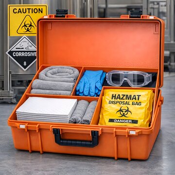 Open Industrial Hazmat Spill Kit Case with Absorbent Pads Nitrile Gloves Goggles and Hazmat Disposal Bag