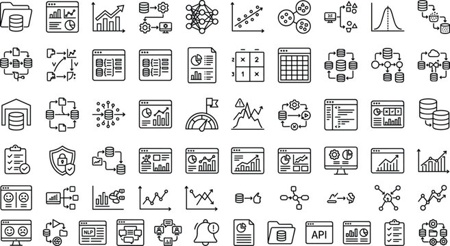 Data analytics and machine learning icon set featuring statistics processing modeling dashboards and modern outline vector technology symbols collection