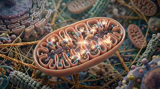 Mitochondrion, vital microscopic cellular component generating metabolic energy within a living organism, powering biological function with adenosine triphosphate molecules.