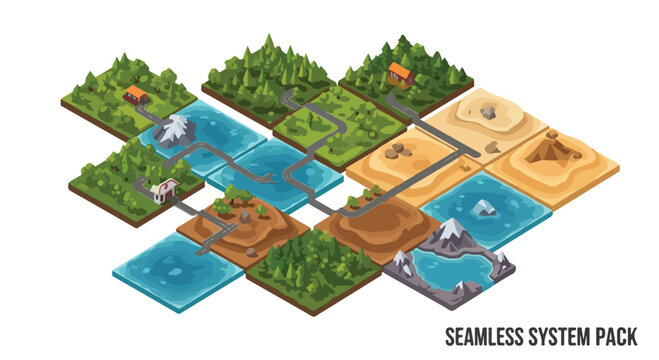 Isometric game map tiles, seamless system pack with forest and desert biomes, modular landscape vector elements for world building and level design