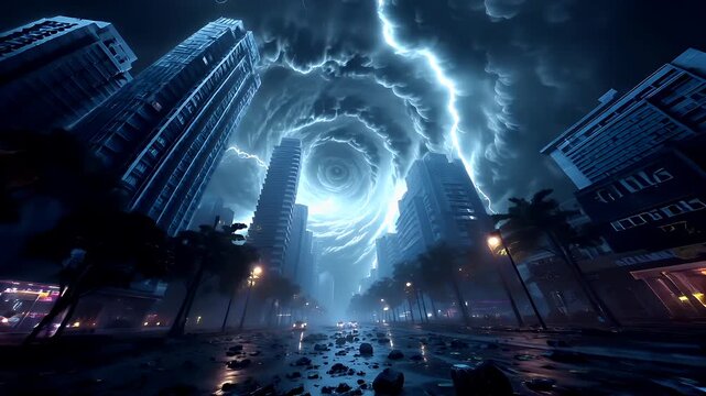 Fantasy wallpaper. A vivid, atmospheric depiction of a futuristic cityscape at night. A swirling vortex of lightning strikes through the sky, creating a mesmerizing visual effect.