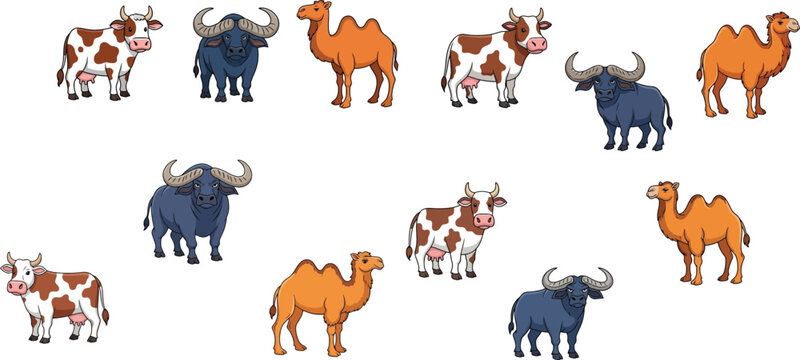 Cartoon Style Vector Illustration Set Of Sacrificial Animals Including Cows Water Buffaloes And Camels For Eid Al Adha Islamic Festival Designs