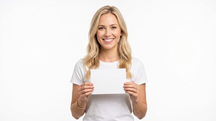 Fototapeta premium Smiling Blonde Woman Holding Blank White Card Isolated