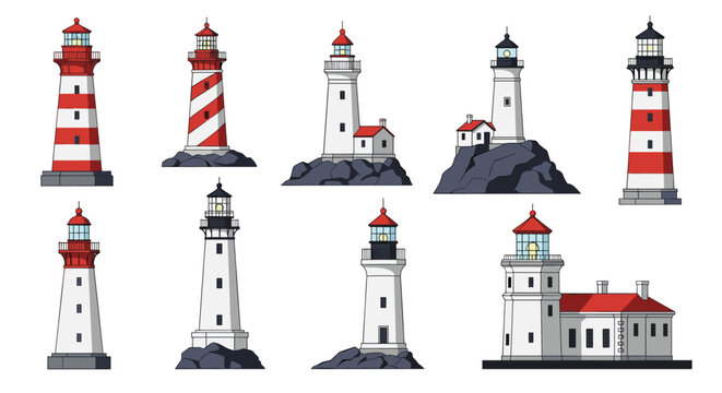Diverse set of coastal lighthouse illustrations in various architectural styles perched on rocks or near small houses.