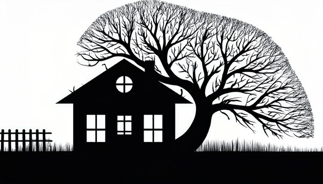a black silhouette of a house with a tree fallen on the roof causing damage and destruction to the house