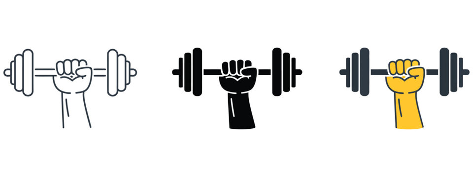hand holding dumbbell icon vector, strength and motivation symbol for gym workout and fitness training, modern flat design concept for apps, ui systems, and responsive website graphics.