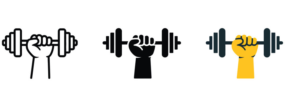 hand holding dumbbell icon vector, strength and motivation symbol for gym workout and fitness training, modern flat design concept for apps, ui systems, and responsive website graphics.