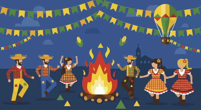 People dancing around a bonfire at a traditional Brazilian Festa Junina celebration.
