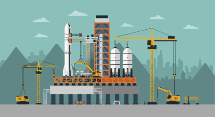 Rocket launch pad construction with multiple rockets and cranes. © Tomo