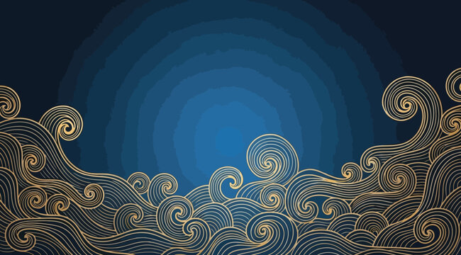 Abstract gold wave pattern on dark blue background