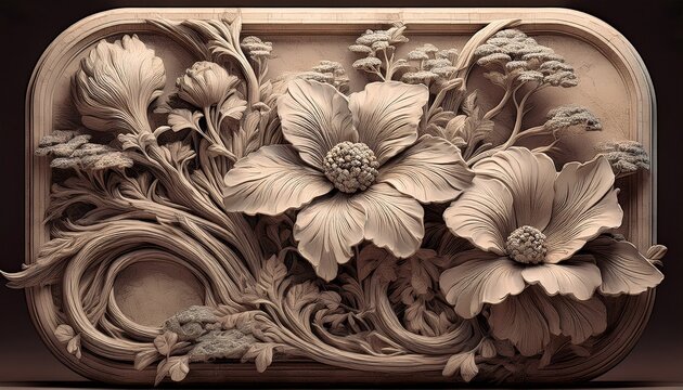 weathered stone botanical sculpture with vintage engraving style