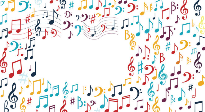 Vibrant music notes and clefs scattered across a white background creating a dynamic and artistic musical border frame.