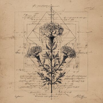 A diagram of Tagetes erecta petals, with an analysis of their geometric symmetry, linked to a map of the sun's path, all in aged ink on distressed paper