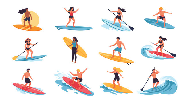 Collection of diverse people surfing and paddleboarding on different types of boards in various waves and ocean conditions.