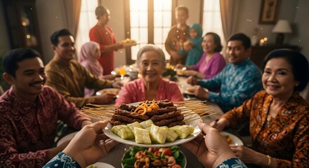 Fototapeta premium Happy Asian family and friends gathering for traditional meal bangali new year