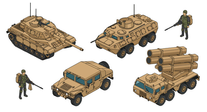 Military equipment collection featuring isometric models of a tank, armored vehicle, humvee, missile truck, and soldiers.