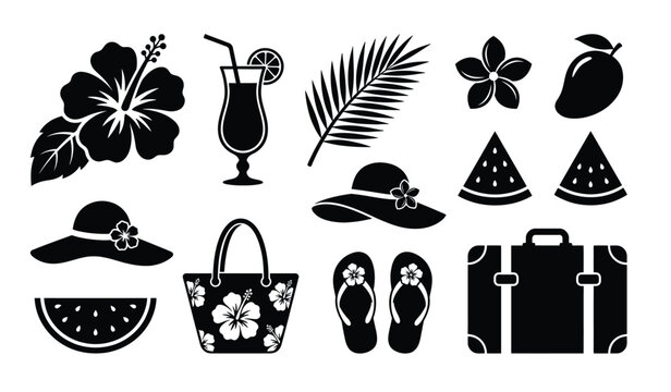 A collection of black silhouette icons representing summer vacation and tropical elements.